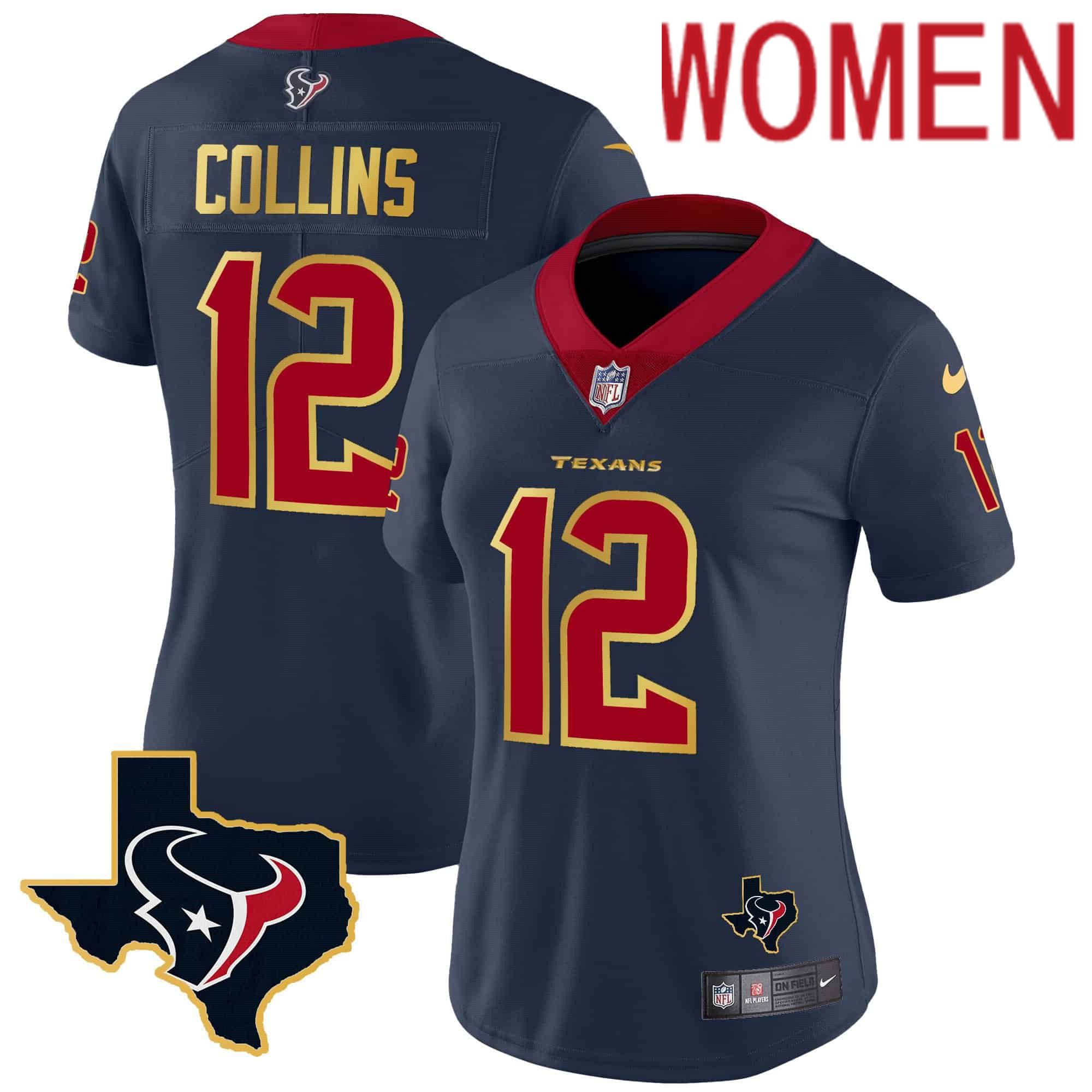 Women Houston Texans 12 Collins Dark blue Gold 2024 Nike Trim Vapor NFL Jersey style 1